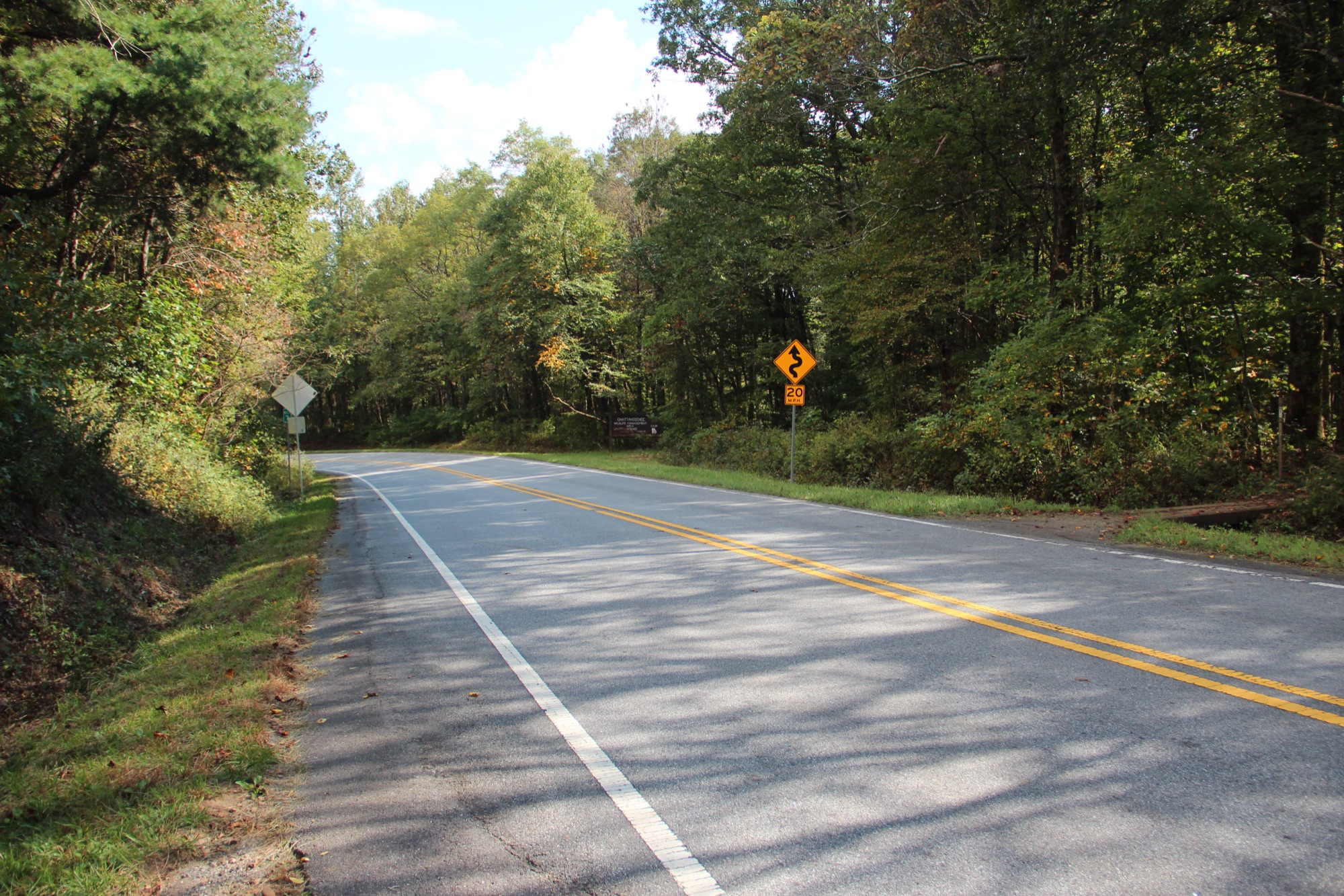 A winding-road curve sign on the Richard B. Russell Scenic Highway at Hogpen Gap, Georgia