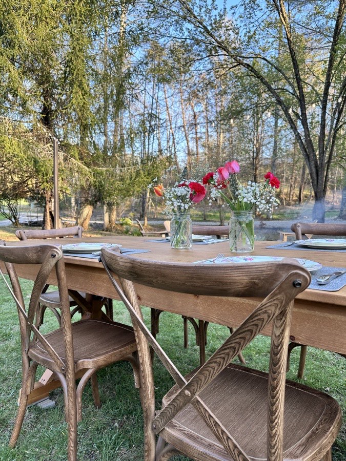 A gathering set up on the lawn at Misty Mountain