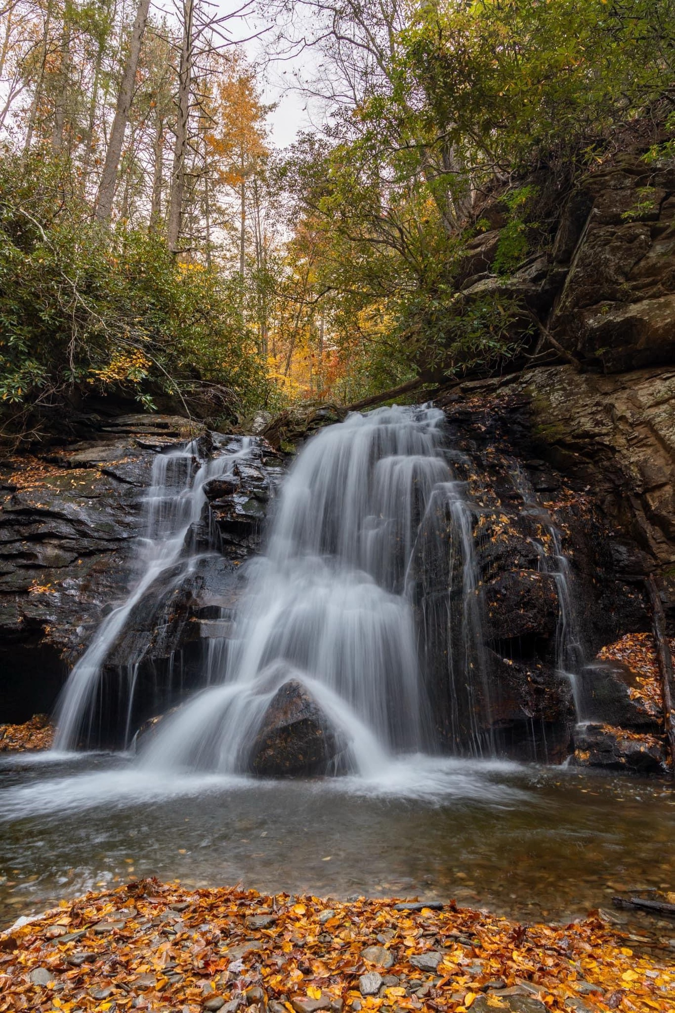 A waterfall in fall color in the North Georgia mountains near Misty Mountain